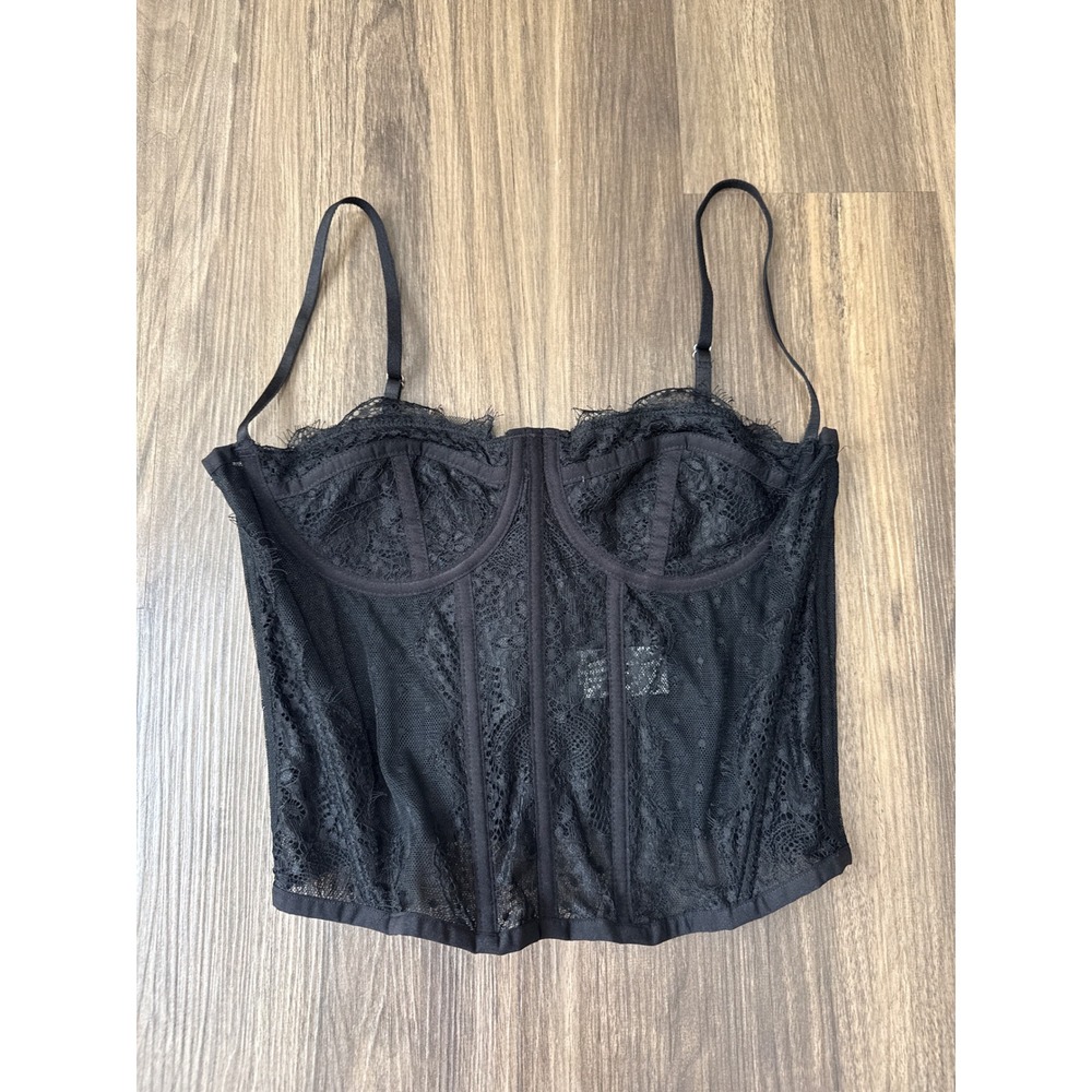 Hunter & Brown Lace Corset Top Womens Medium Black Sheer Mesh Bustier Underwire